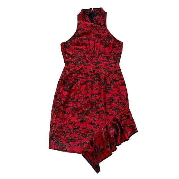 Josie Natori size 10 Silk Pagoda Embroidered Red Black Cheongsam Cocktail Dress - Picture 3 of 15